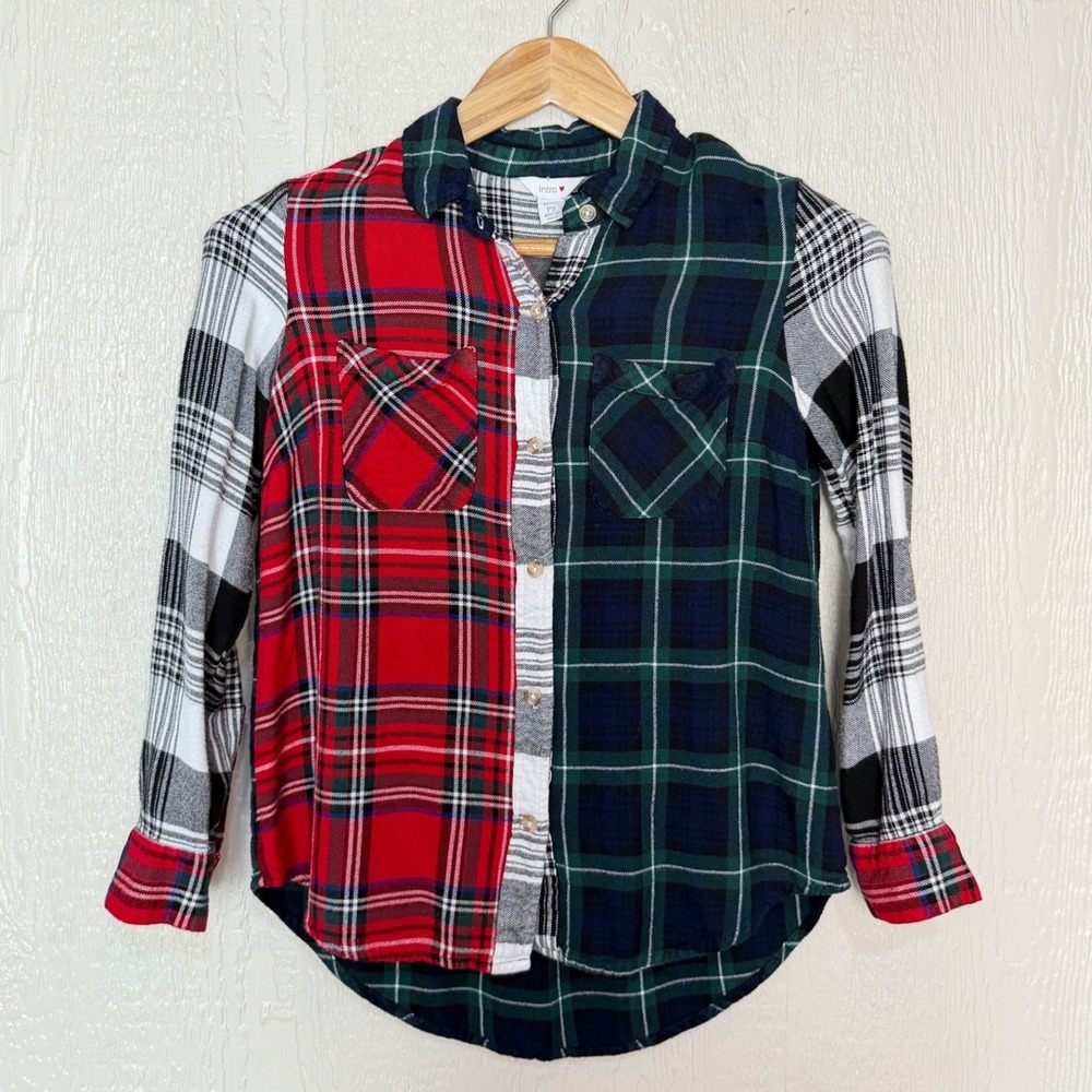 Intro Love Womens Petite PS Mixed Plaid Patchwork Button Down Flannel Shirt